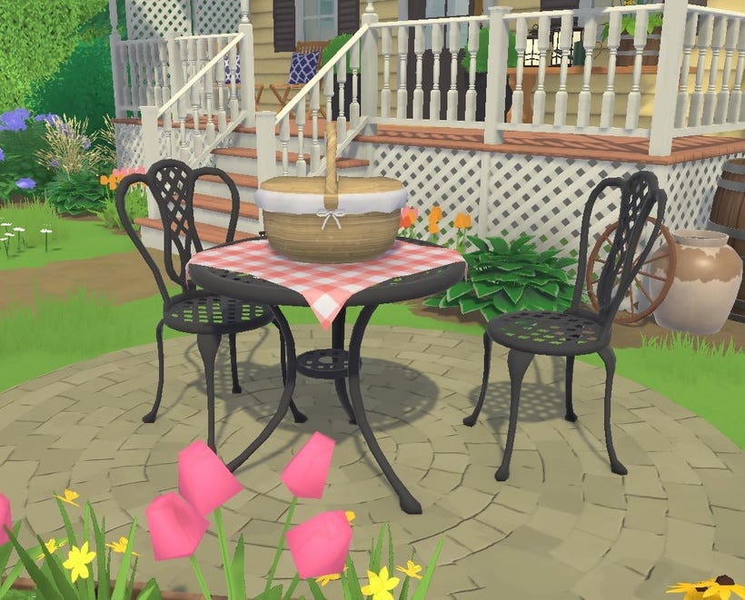 Gros plan sur la terrasse. Je suis jaloux de cette agréable aire de pique-nique…