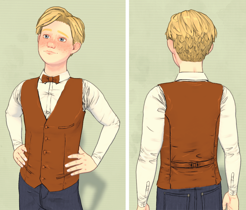 Le petit Eli est très élégant avec son joli nœud et son gilet assorti. La chemise est la même que celle de Marvin et elle utilise également le système de superposition avec le gilet par-dessus.