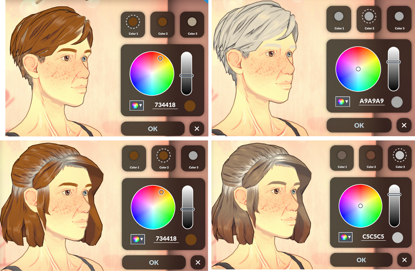Sélection avancée de la couleur des cheveux dans le Paramaker. Les cheveux deviendront automatiquement blancs en vieillissant, mais les joueurs pourront ensuite en personnaliser la couleur.