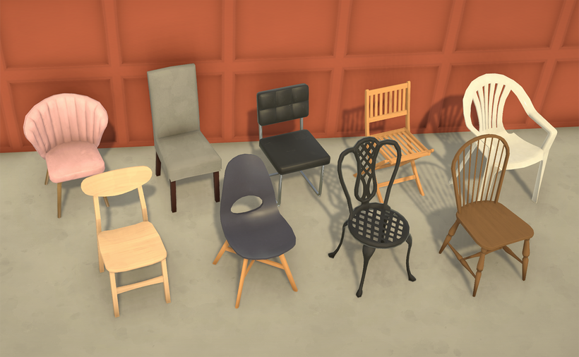 Différentes chaises que nous avons actuellement dans le jeu. Avez-vous remarqué les objets présentés dans les articles et vidéos précédents à travers les images ? Nous les retravaillons lentement pour les adapter à notre style actuel !