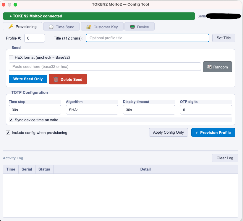 Figure 1 — Molto2 USB Config Tool opened on macOS with device detected