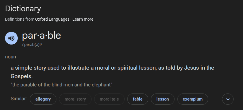 Allegorable. Parabolagory. God, portmanteaux are hard, aren’t they?
