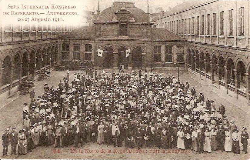 The Esperanto movement kept growing and growing — some estimate around two million speakers today. Shown here is a photo of the World Esperanto Congress held 20–29 August 1911 in Antwerpeno (Antwerp). Source: Wikipedia.