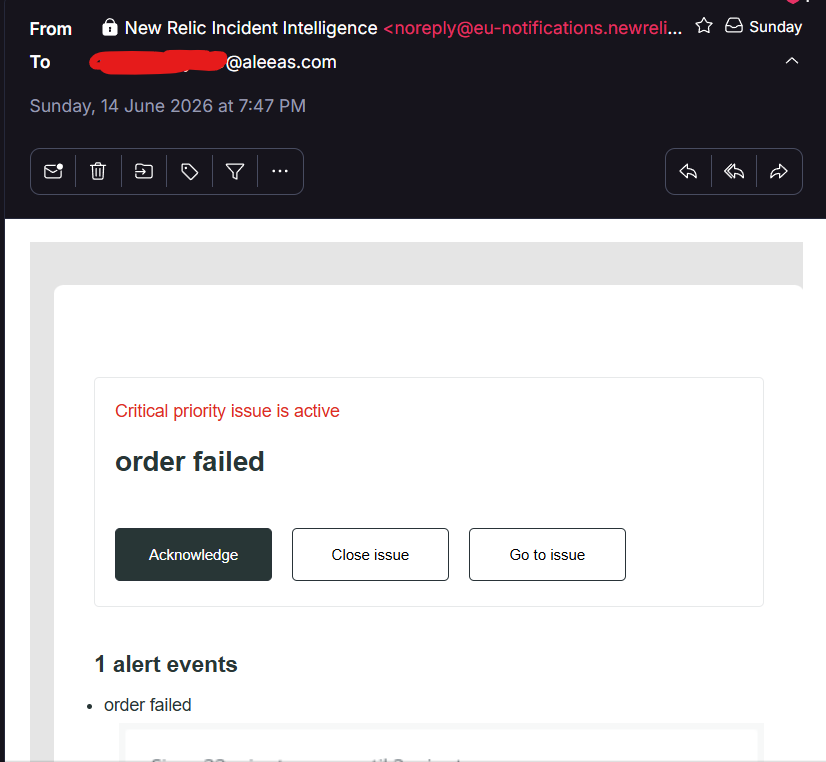 New Relic mail alert set for failed order