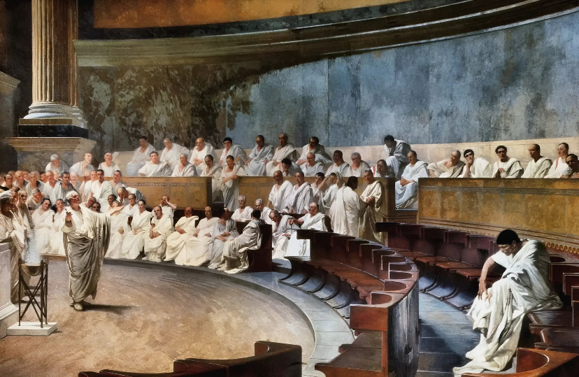Cicero Denounces Catiline, fresco by Cesare Maccari, 1882–1888. Image from Wikimedia.