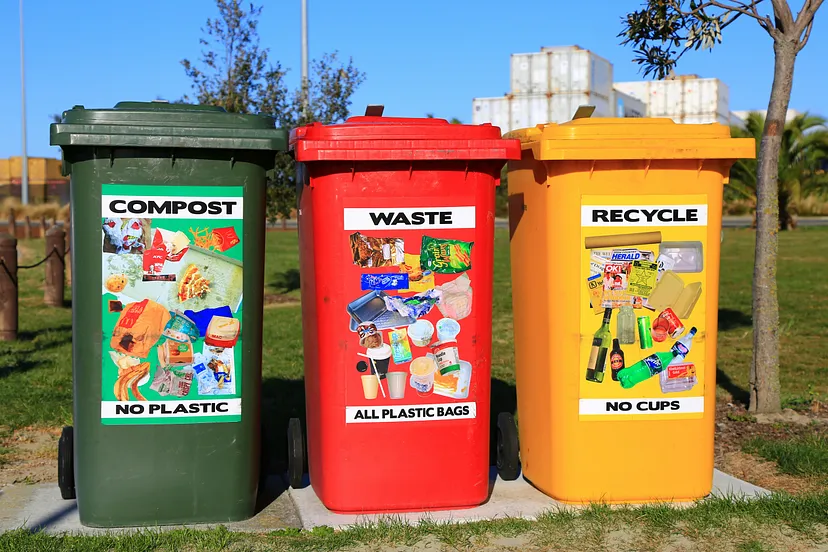 Three colored bins with labels: green compost bin on left, red waste bin in middle, yellow recycle bin on right Photo by Nareeta Martin on Unsplash