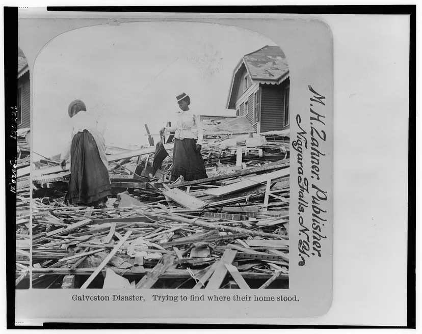 Picture of Galveston Disaster aftermath with two people searching through ruins
Photo by Library of Congress on Unsplash