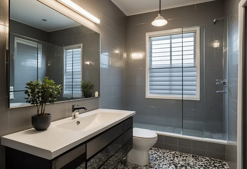 A modern bathroom with sleek fixtures and a spacious shower. Bright lighting and neutral colors create a clean and inviting atmosphere