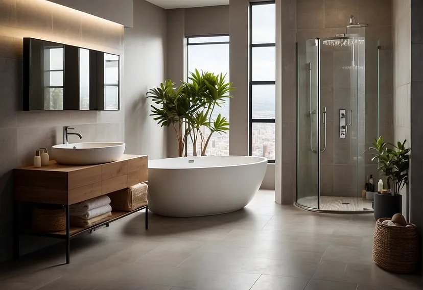 A spacious bathroom with modern fixtures, a sleek bathtub, and a separate shower. Natural light floods in through a large window, highlighting the clean, minimalist design