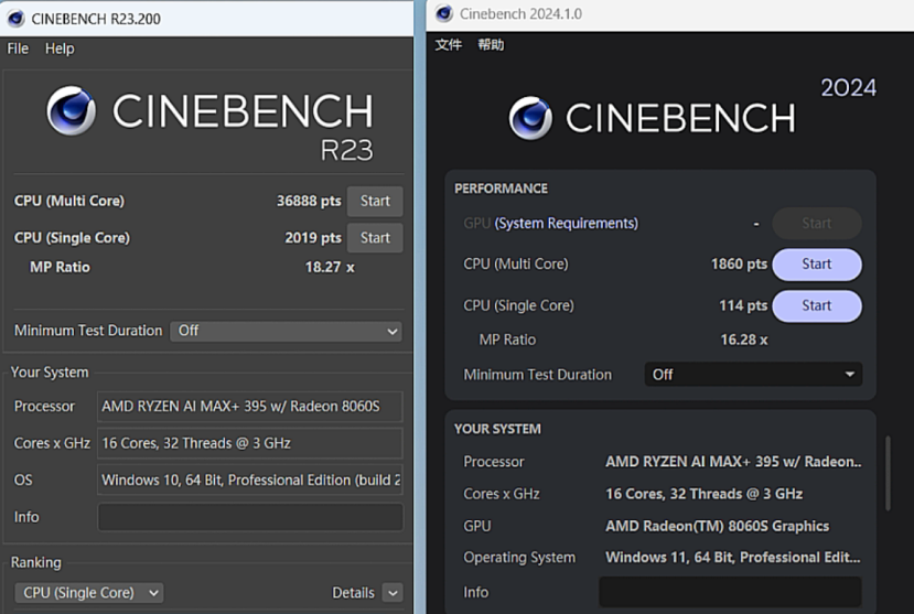 Las puntuaciones en Cinebench R23/2024 para un solo núcleo/multinúcleo fueron de 2019/36888 y 114/1860 respectivamente