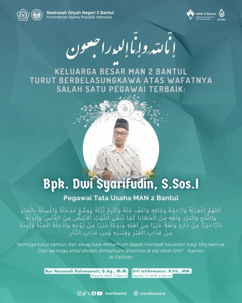 Innalillahi wa inna ilaihi rajiun, Bendahara MAN 2 Bantul Dwi Syarifudin Berpulang ke Rahmatullah