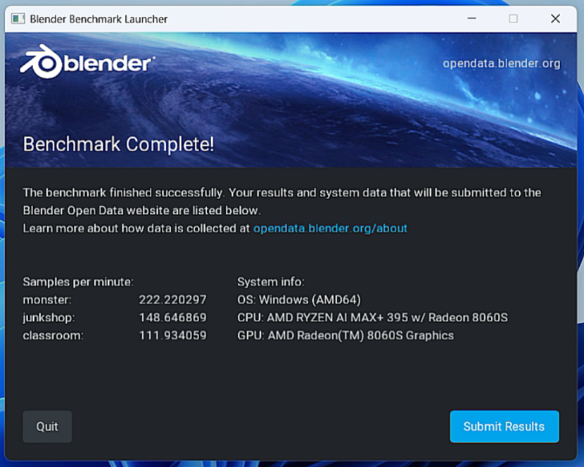 En Blender Benchmark, los resultados en las tres pruebas alcanzaron niveles de CPU insignia