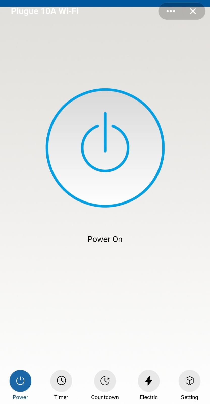 Smart Plugue no app Tuya com opções Power, Timer, Countdown, Electric e Setting.