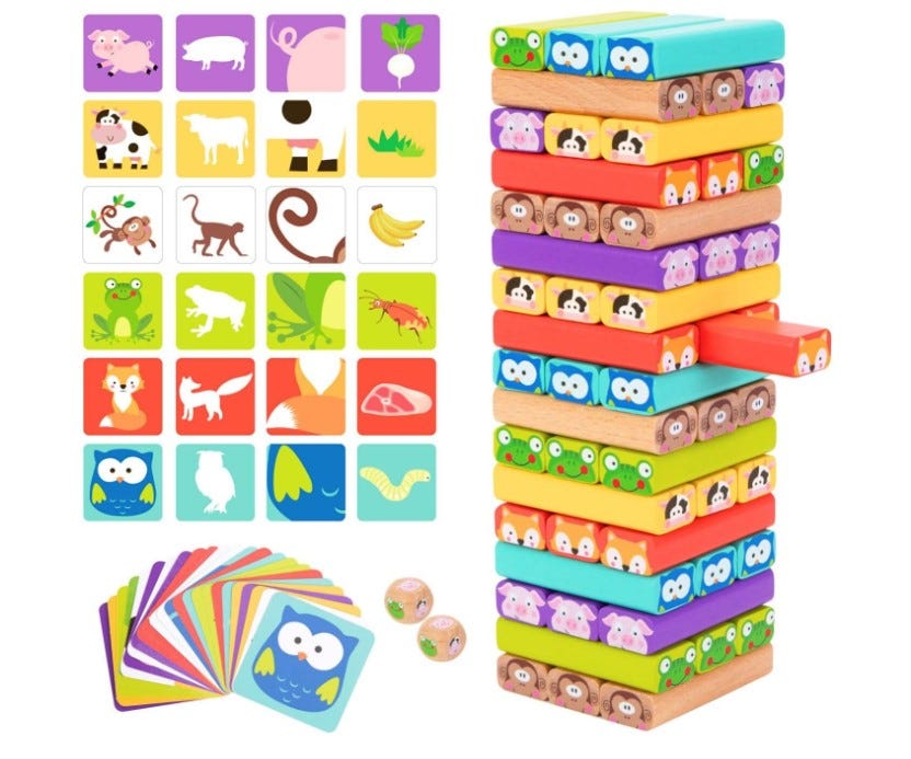 Nene Toys 4-in-1 Wooden Tumble Tower Game with Animals and Colors