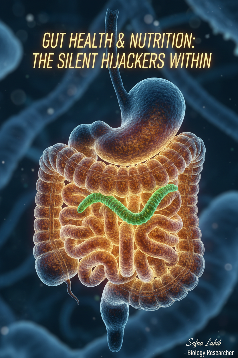 This cinematic 3D rendering visualizes the micro-environment of the human intestinal tract where parasitic pathogens disrupt cellular nutrient absorption. This conceptual educational artwork was generated using Recraft to illustrate the bio-mechanics of gut dysbiosis.