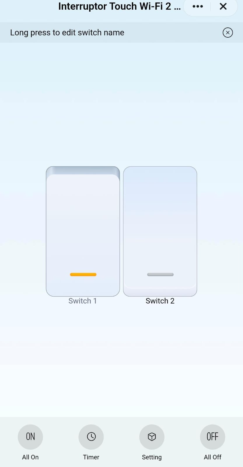 Miniapp do Interruptor Inteligente no Tuya com ações All On, Timer, Setting e All Off