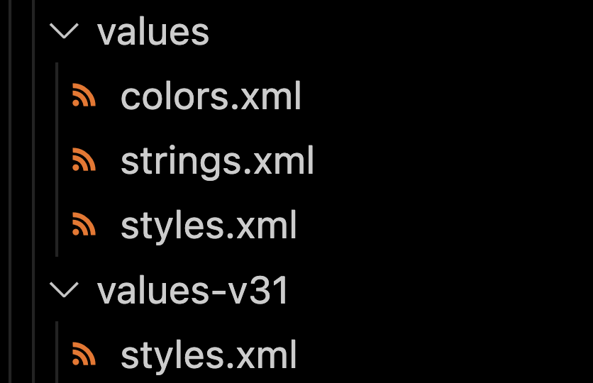 A screenshot of VS Code’s folder tree view. It shows two expanded folders named “values” and “values-v31”. Both of them contain a “styles.xml” file. “values” folder has 2 other files “colors.xml” and “strings.xml”, implying these are used by default, and “styles.xml” from “values-v31” overrides the “styles.xml” from “values” when API_31 is detected, i.e. on Android 12 and above “values-v31/styles.xml” is used and on Android 11 or below “values/styles.xml” is used.