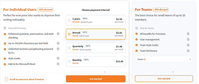A screenshot showing Language tool's pricing