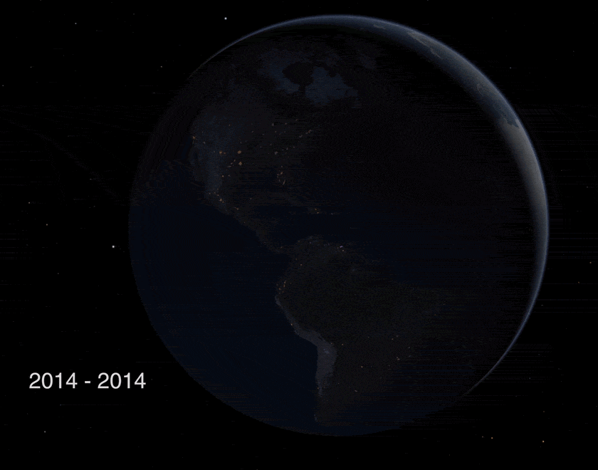 This animation focuses on North and South America, as viewed from space at night as part of NASA’s “black marble” program, which illustrates just how severely the artificial lighting at night (ALAN) has changed from 2014–2022. Only a few select areas in South America, plus Cuba, Puerto Rico, and Central America have gotten dimmer with time, while many places, concentrated largely in Florida, Texas, California, Mexico, and the coast of South America, have led to a net increase in artificial luminance at night. (Credit: K. Elkins & M. Garrison; data: T. Li & Z. Zhu)