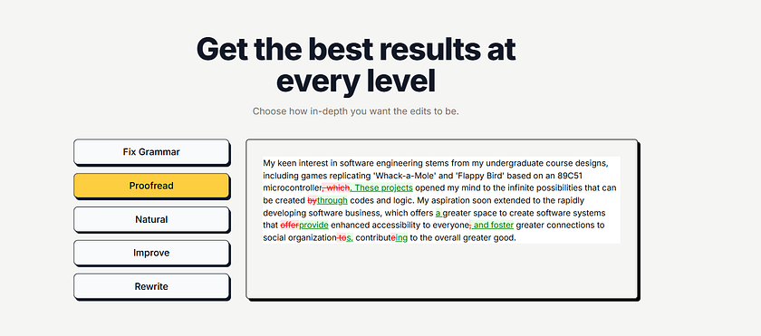 an image showing a part of editGPT's website showing different features and mode of proofreading