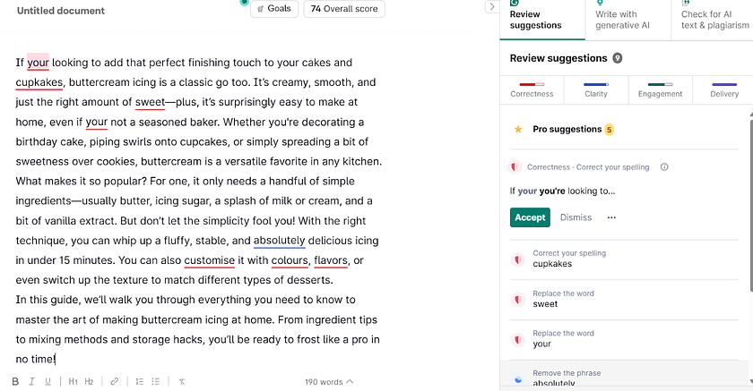 A screenshot showing Grammarly's user interface