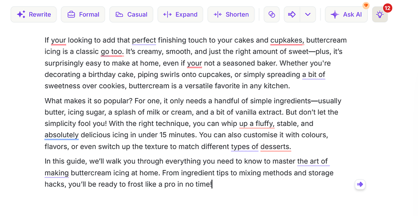 A screenshot showing Wordtune's user interface and proofreading