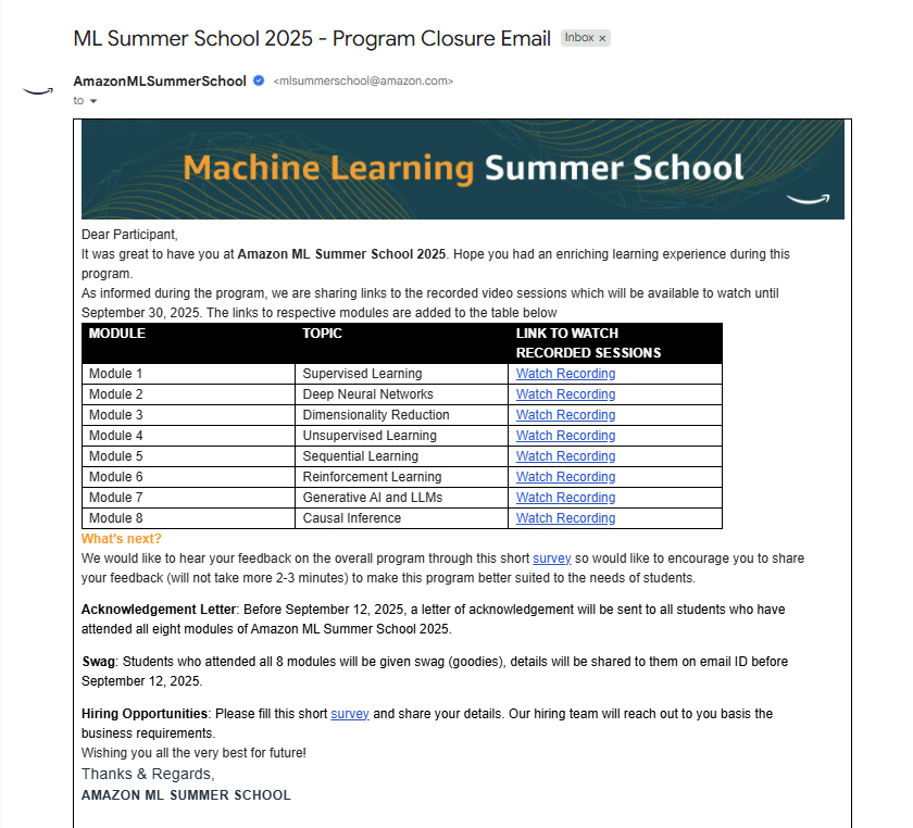Program closure email with hiring (on-site internship) opputunities link.