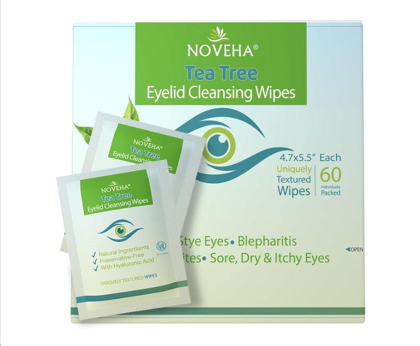 NOVEHA 60PCs Tea Tree Oil Eyelid & Lash Wipes With Hyaluronic Acid