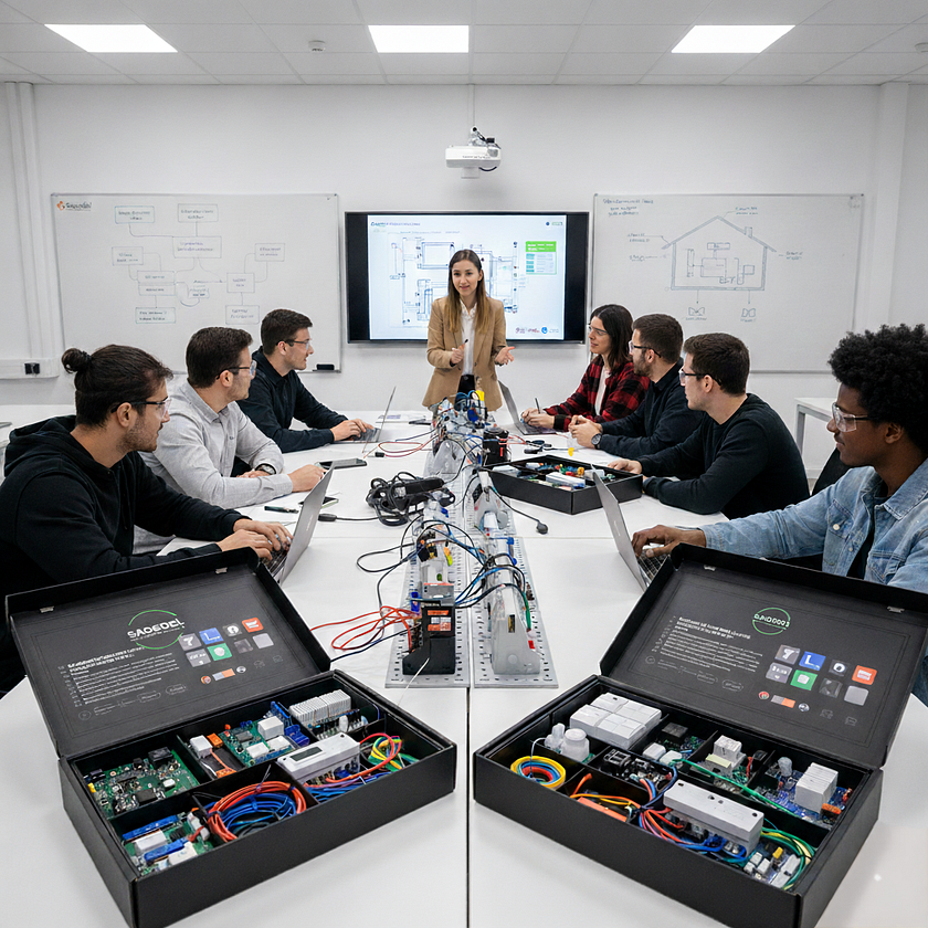 Sagedel-Vocational-Training-Smart-Home-IoT-Class.jpg Students and an instructor learning Smart Home Wiring and IoT with Sagedel vocational training kits in a modern classroom setting.