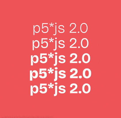 An animation of the text ‘p5*js 2.0’ duplicated five times vertically, with font weight shifting in a wave-like motion from top to bottom.