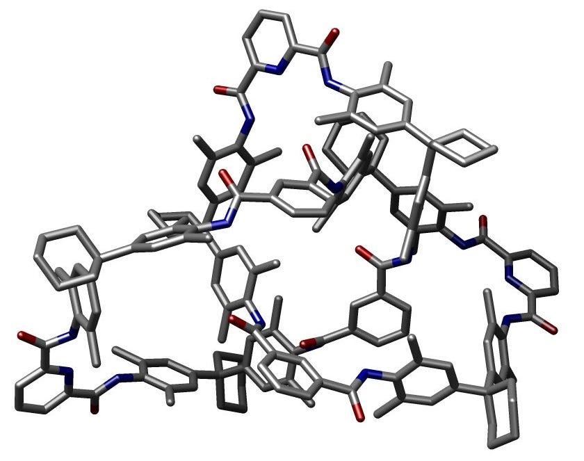 Crystal structure of a molecular trefoil knot reported by Vögtle and coworkers in Angewandte Chemie International Edition (2000, 39(9), pp. 1616–1618). Image generated from the published crystal structure data by M stone, via Wikimedia Commons, licensed under CC BY-SA 3.0.