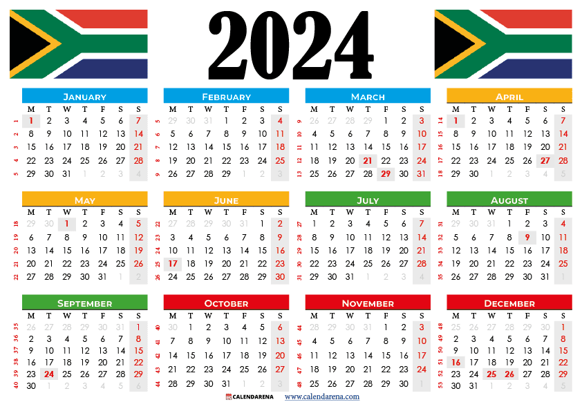 2024 calendar south africa with holidays printable by Calendarena