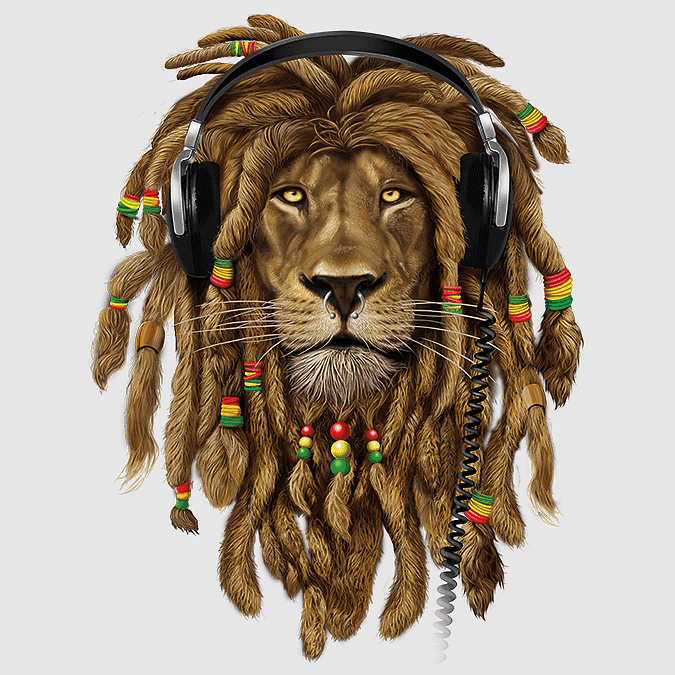 The picture shows a lion with a mane of dreadlocks, representing the Rastafarians.