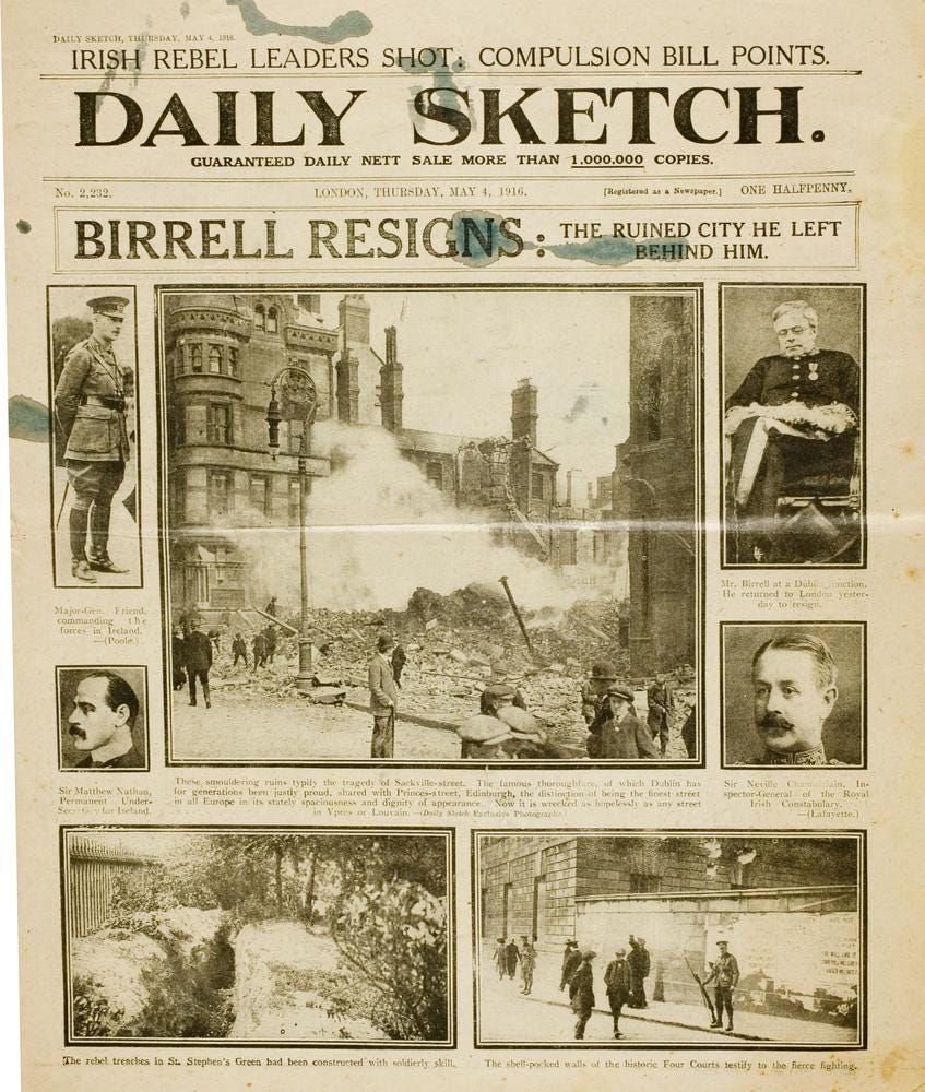Rebel trenches dug in St. Stephen’s Green by Irish Citizen Army members during the Easter Rising, as shown in the Daily Sketch on May 4, 1916