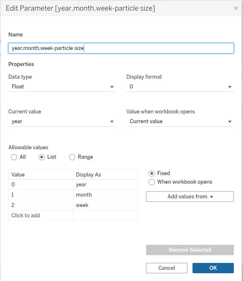 Create parameters switchable by year, month, week (in Tableau) by