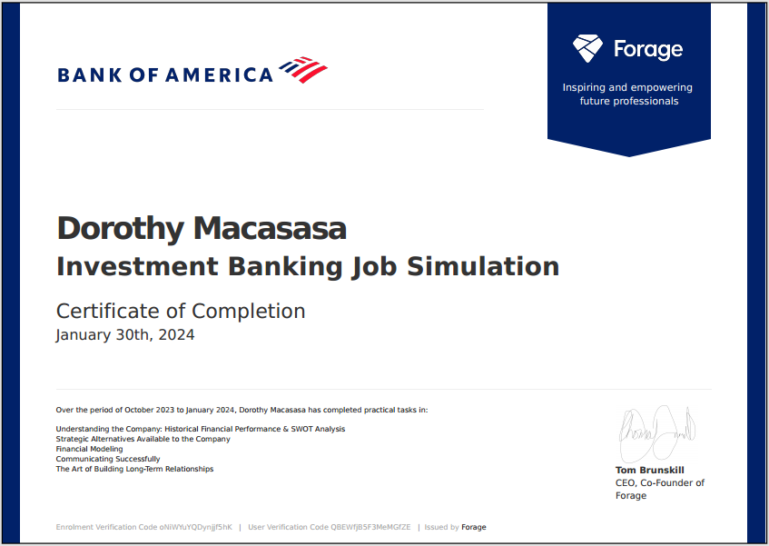 Investment Banking — Bank of America Job Simulation on Forage by