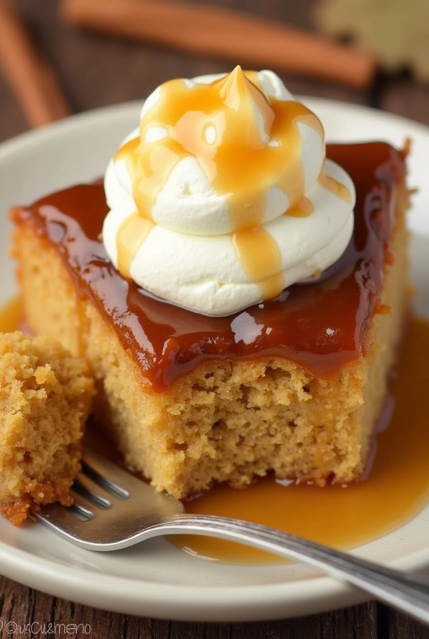 L’art de savourer le 🍏 Gâteau au Cidre de Pomme et Caramel avec Crème Fouettée au Sirop d’Érable…