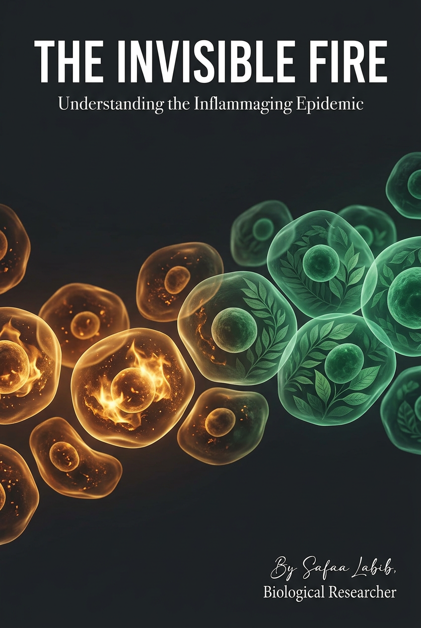 A conceptual scientific illustration depicting the dual nature of “Inflammaging.” The left side visualizes the chronic, smoldering cellular “fire” using warm amber and gold tones. In contrast, the right side showcases the transition to cellular cooling and healing, represented by soothing emerald and sage green tones paired with subtle botanical leaf patterns. Visual generated via Recraft by Safaa Labib, Biological Researcher.