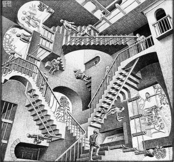 A print of Relativity, by the artist M. C. Escher. It features swirling staircase in all directions. The staircases intertwine and lead to different doorways, but it is difficult to discern where each staircase begins, where it ends, and how they are linked.