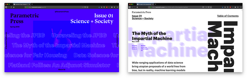 The cover of the first Parametric Press issue (left), and the customized Idyll article templates (right).