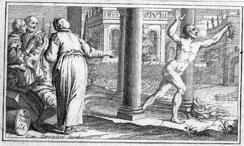 The story says Archimedes noticed bathwater rise when he got in and realized displaced water could measure the volume of irregular objects. Excited by the insight, he supposedly ran naked through Syracuse shouting “Eureka!”