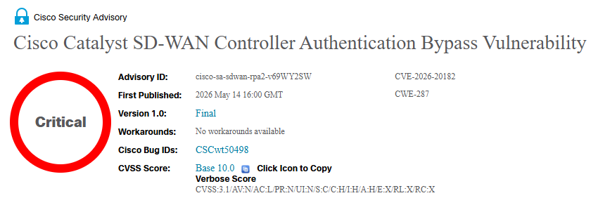 Cisco Catalyst SD-WAN Controller Authentication Bypass Vulnerability — CVE-2026–20182