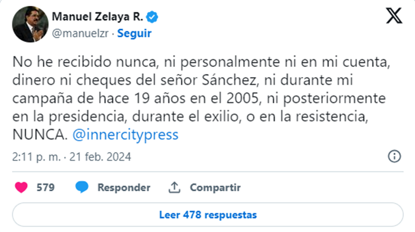 “No he recibido nunca dinero ni cheques del señor Sánchez”: Mel Zelaya