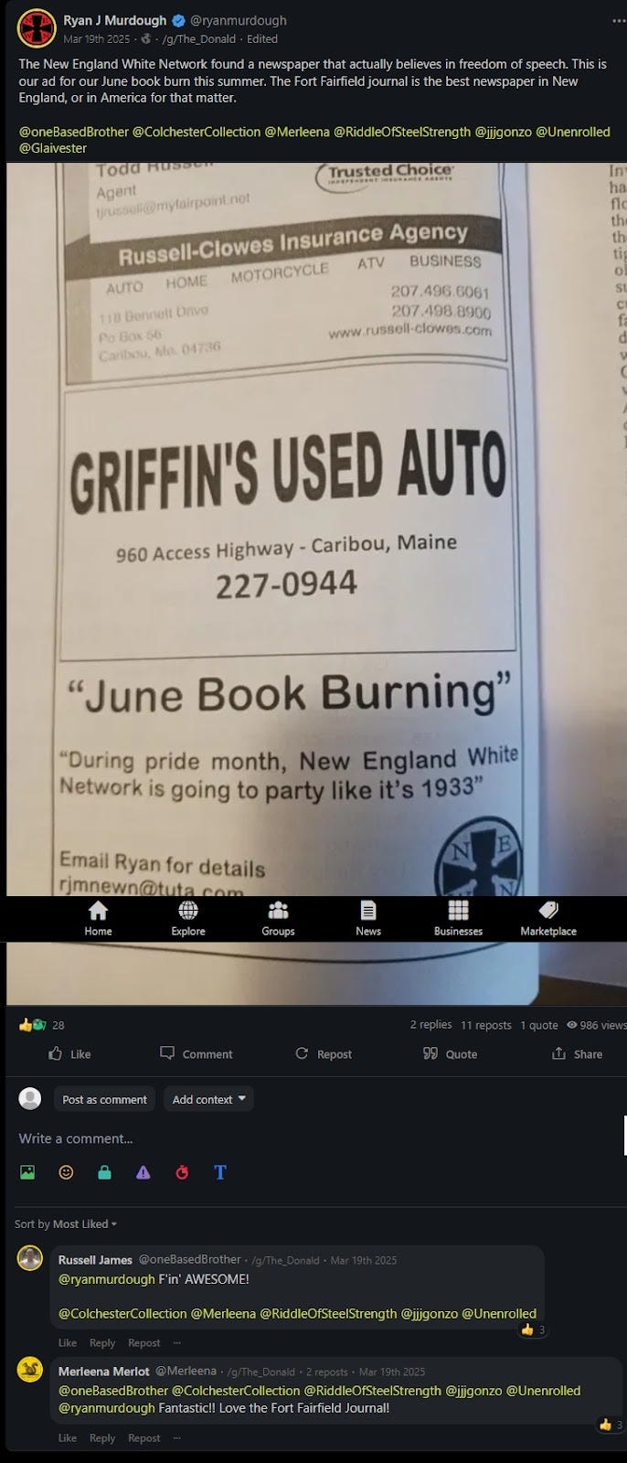 Image of Murdough’s “June Book Burning” ad in the Fort Fairfield Journal