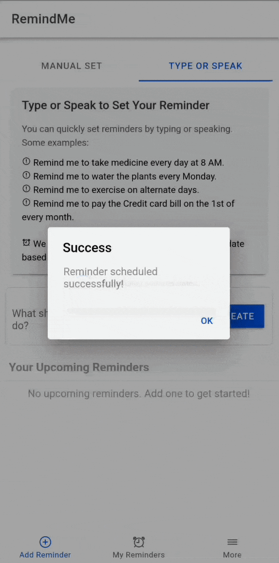 App in action! (obviously Push Notifications will be sent on the date and time on which the reminder is scheduled.