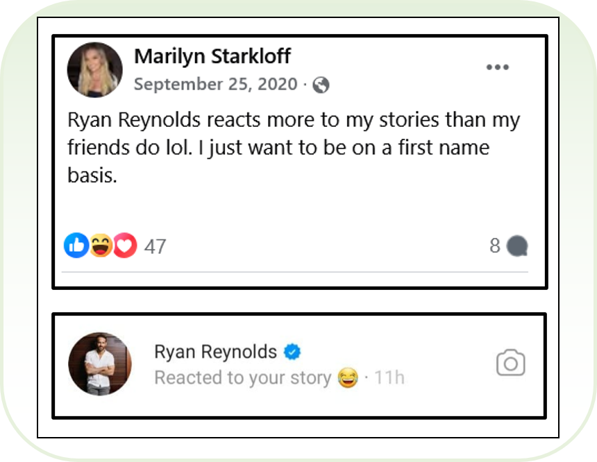 Starkloff observes that Reynolds interacts with her online posts more than her friends do