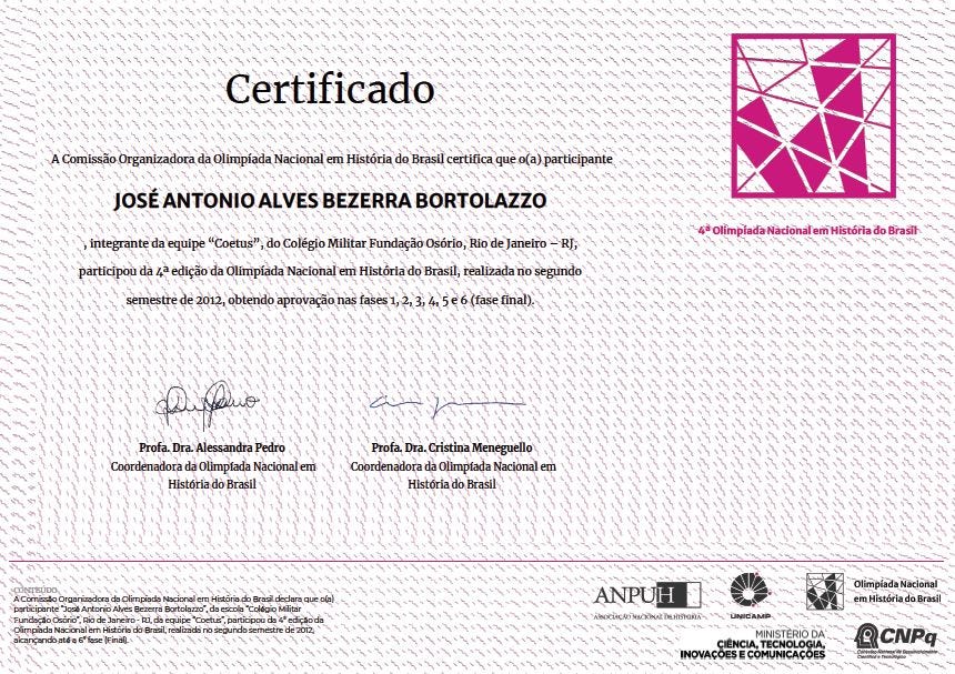 Certificado — Olimpíada Nacional em História do Brasil (ONHB) — José Antonio Alves Bezerra…