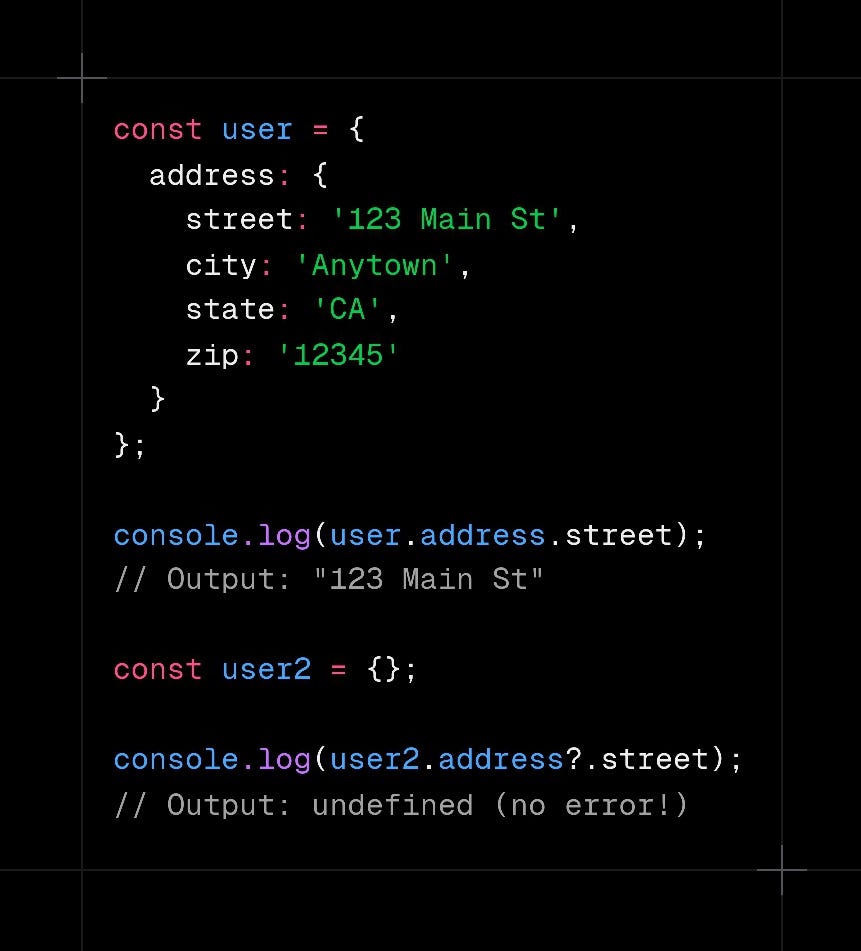 Use the `optional chaining operator` (`?.`) to avoid null pointer exceptions. AWS Tip