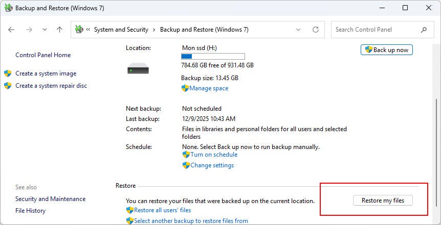 Select Restore my files